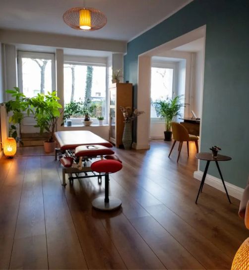 Heller Behandlungsraum mit Liege und Pflanzen in der Heilpraxis Harald Erb Berlin Prenzlauer Berg